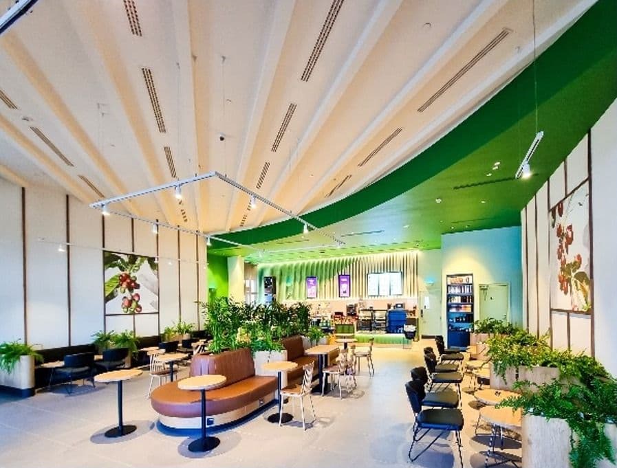Starbucks interior with a curved green ceiling band, banquette seating and planters